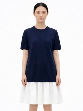 COS Navy & White Panelled Cotton Knit Dress Minimalist Style Tiered Skirt | XS–S